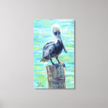 "Pelican on a Pole" Galerie Umrissene Canvas Print