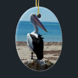 Pelican On Beach Rock, Keramikornament<br><div class="desc">Stehend auf einem Stein am Meer ist ein hungrig hübscher Pelikan, der für tasy-Fische-Muscheln gewartet ist.</div>