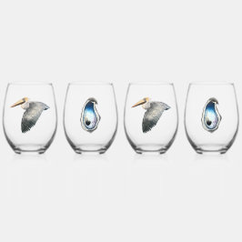 Pelican & Oyster Stemless Weine Glass - 4 Set Weinglas Ohne Stiel