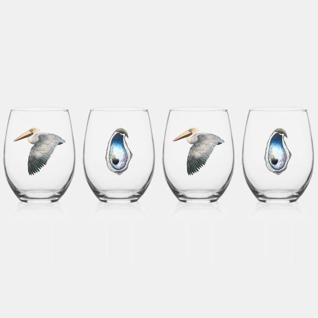 Pelican & Oyster Stemless Weine Glass - 4 Set Weinglas Ohne Stiel (Vorderseite)