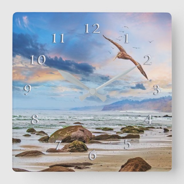 Pelican Patrol Beach Shoreline Quadratische Wanduhr (Vorderseite)