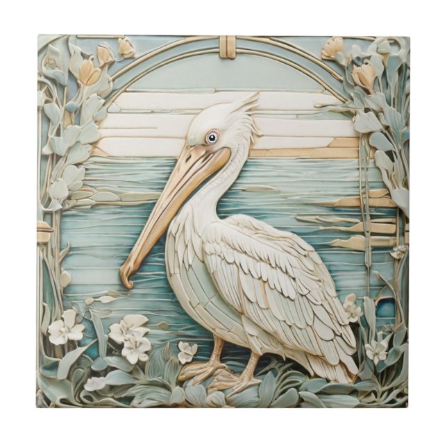 Pelican Sea Bird Art Nouveau Imitats Relief Minze Fliese (Vorderseite)