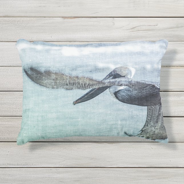 Pelican Soaring Blue Green Ocean Outdoor Pillow Kissen Für Draußen (Vorderseite)
