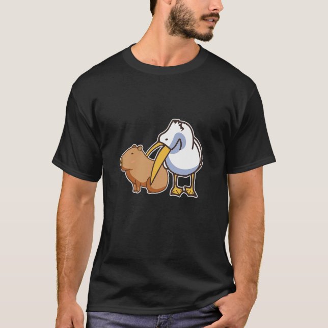 Pelican Tries Capybara Niedlich Kawaii essen T-Shirt (Vorderseite)