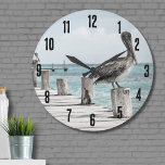 Pelikan an der Küste Große Wanduhr<br><div class="desc">Dieser schöne Schuss zeigt ein braunes Pelikan und seine natürliche Umgebung,  einschließlich eines blauen Ozeans und einer verzweigten Holzbahn. Ideal für einen Strand-Zuhause,  oder überall,  wo Sie gewollt,  um ein wenig Küste oder Strand-Becken zu bringen. Schöne braune Pelicans Ocean Coast Beach Große Uhr</div>