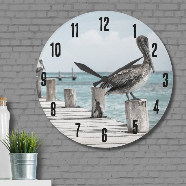 Pelikan an der Küste Große Wanduhr (Beautiful Brown Pelicans Ocean Coastal Beach Large Clock)
