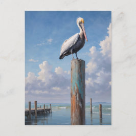 Pelikan an einem verwitterten Dockingpol Postkarte