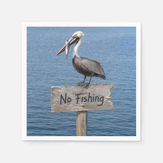 Pelikan mit Fisch auf einem Schild "Fischen verbot Serviette (Vorderseite)