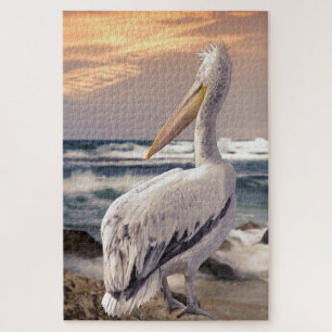 Pelikan Ozean Strand Wellen Sonnenuntergang Puzzle