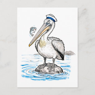Pelikan stolz auf Felsen stehende Tintenillustrati Postkarte