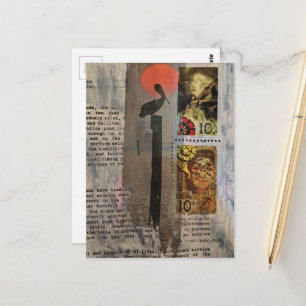 Pelikan-Vogel und Briefmarken Mixed-Media-Collage Postkarte
