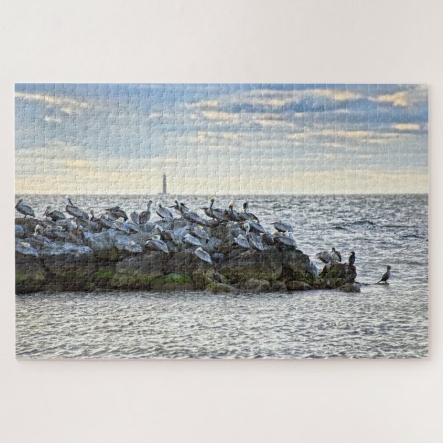 "Pelikane und der Leuchtturm, Dauphin Island, AL Puzzle (Horizontal)