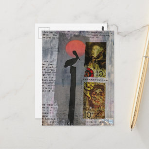 Pelikanvogel und zwei Briefmarken Mixed-Media-Coll Postkarte