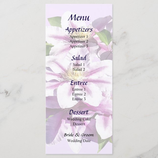 Pellrosa Clematis Wedding Menu Menükarte (Vorderseite)