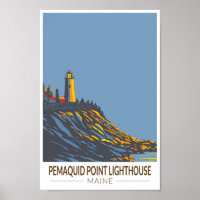 Pemaquid Point Lighthouse Maine Travel Art Vintag