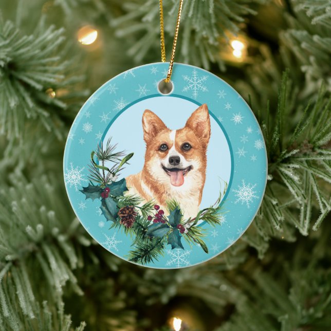 Pembroke Corgi Evergreen Blue Snowflake Border Keramik Ornament (Baum)