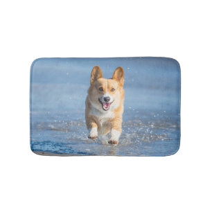 Pembroke-Walisercorgi-Hund, der auf den Strand Badematte