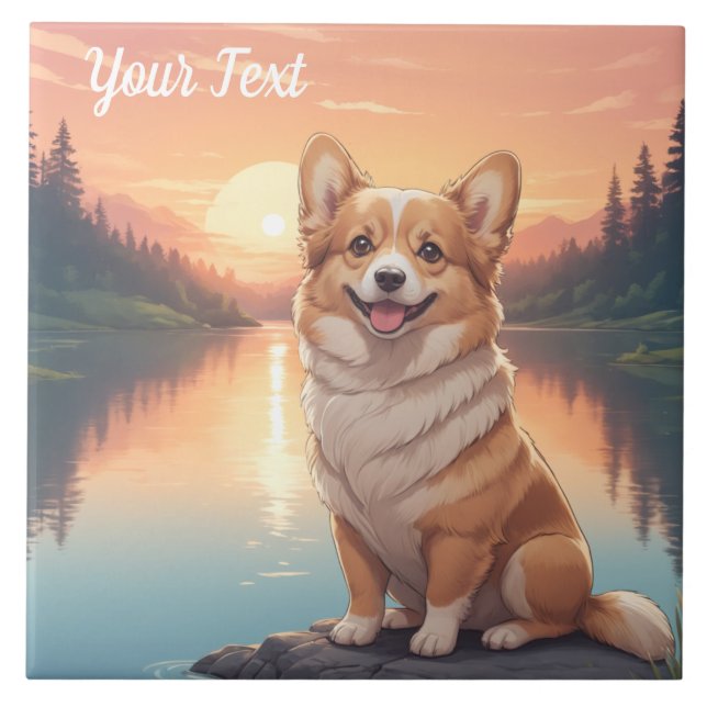 Pembroke Welsh Corgi am See Fliese (Vorderseite)