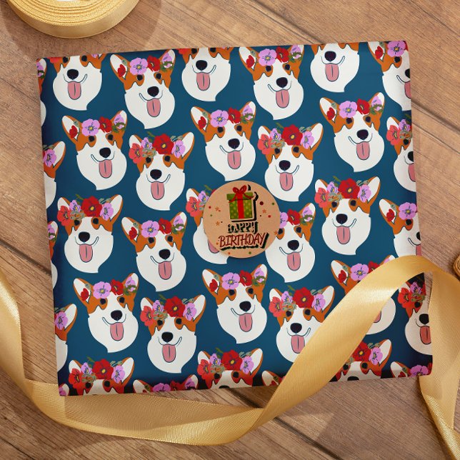 Pembroke Welsh Corgi Blue Cartoon Wrapping Paper Geschenkpapier (Von Creator hochgeladen)