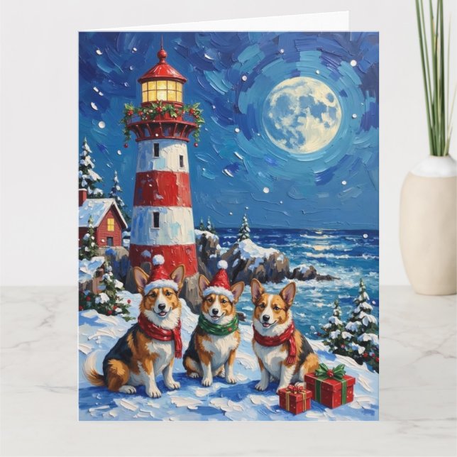 Pembroke Welsh Corgi Christmas Lighthouse Holiday Karte (Vorderseite)