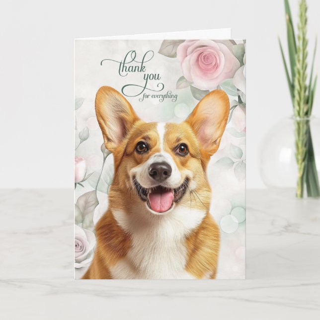Pembroke Welsh Corgi Dog and Pink Roses Dankeskarte (Vorderseite)