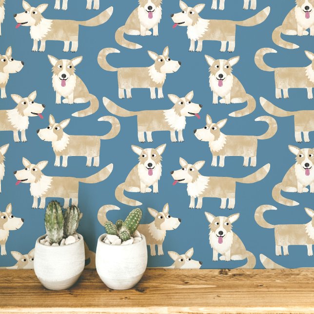 Pembroke Welsh Corgi Dog Pattern Tapete (Pembroke Welsh Corgi dog fun peel and stick wallpaper for animal and pet lovers)