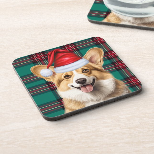 Pembroke Welsh Corgi Dog Red Green Holiday Kariert Getränkeuntersetzer (Linke Seite)