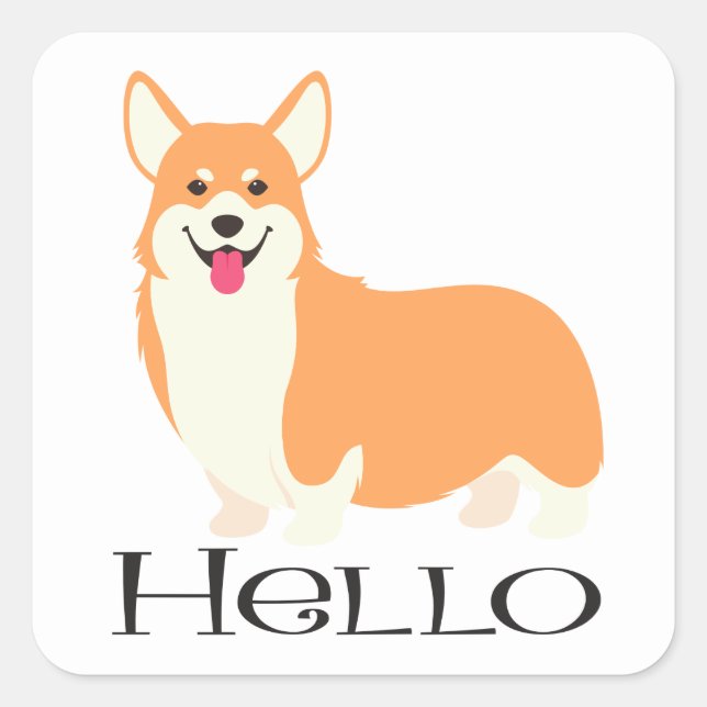 Pembroke Welsh Corgi Hello Puppy Dog Cartoon Quadratischer Aufkleber (Vorderseite)