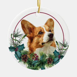 Pembroke Welsh Corgi Hund Immergrüner Kranz Keramik Ornament