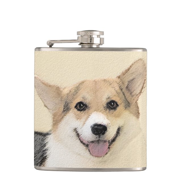 Pembroke Welsh Corgi Malerei - Original Hund Kunst Flachmann (Vorderseite)