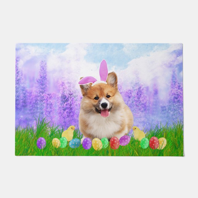 Pembroke Welsh Corgi mit Ostereiern Bunny Chick Fußmatte (Vorderseite)