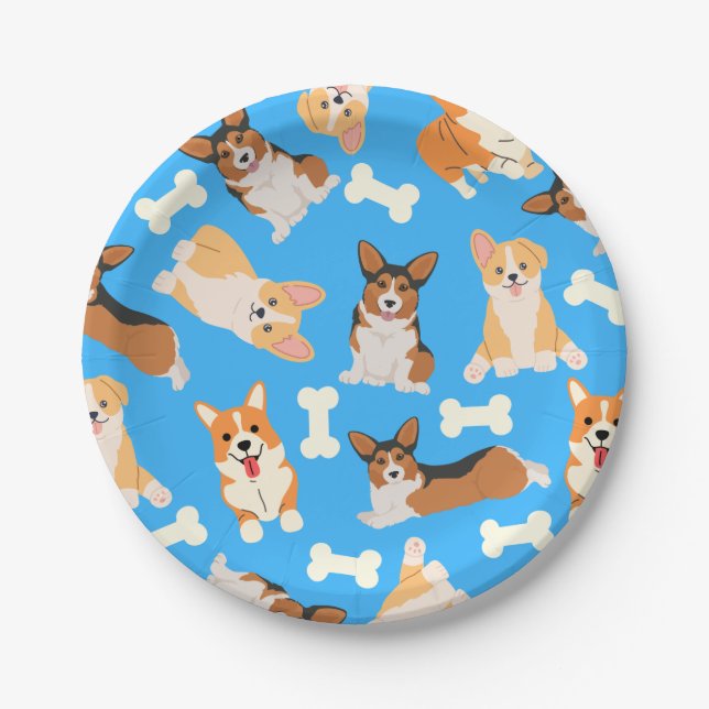 Pembroke Welsh Corgi Pattern Blue Pappteller (Vorderseite)