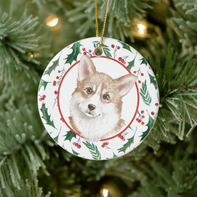 Pembroke Welsh Corgi Red Berry Holly Border Keramik Ornament (Baum)