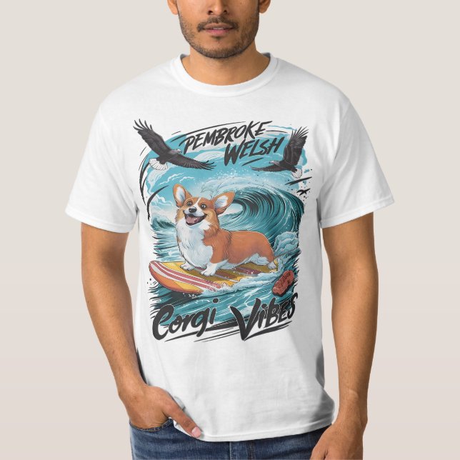 Pembroke Welsh Corgi surfen im Wellenreiter T-Shirt (Vorderseite)