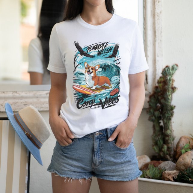 Pembroke Welsh Corgi surfen im Wellenreiter T-Shirt (Von Creator hochgeladen)