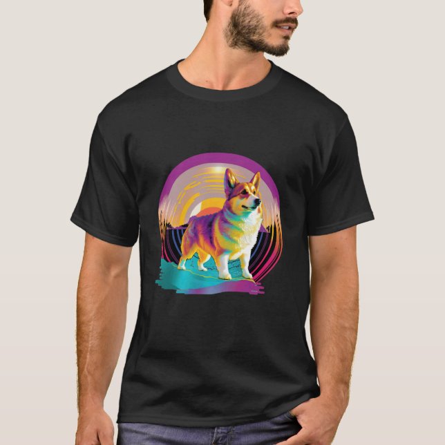 Pembroke Welsh Corgi Synthwave 80er Retrowave-Ästh T-Shirt (Vorderseite)
