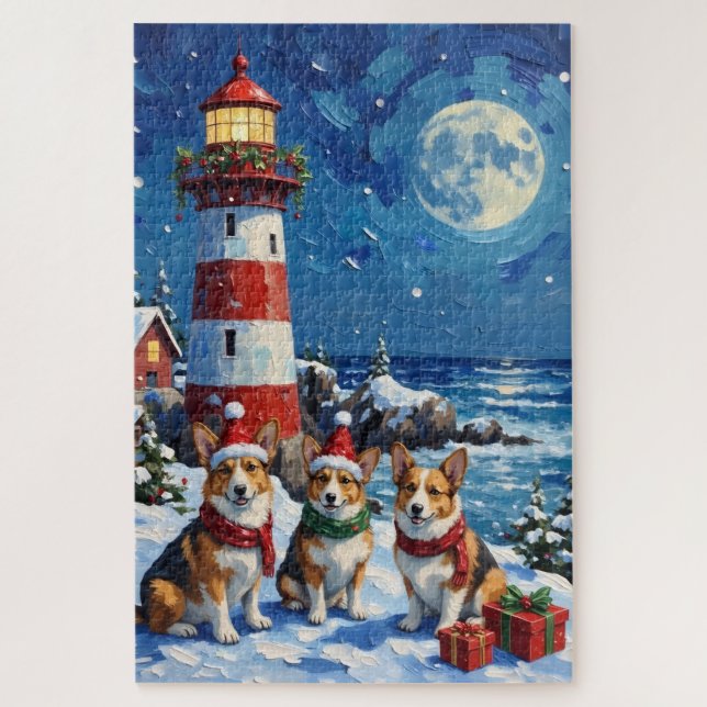 Pembroke Welsh Corgi Weihnachts-Leuchtturm-Feier Puzzle (Vertikal)
