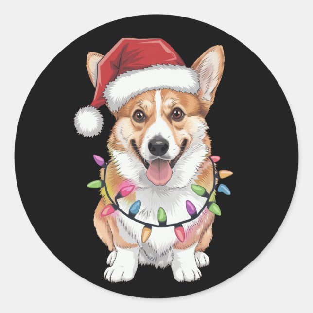 Pembroke Welsh Corgi Weihnachtsbaum Lichter Runder Aufkleber (Vorderseite)