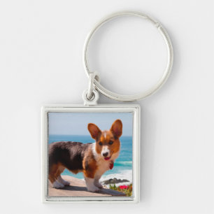 Pembroke Welsh Corgi-Welpe steht auf einem Tisch Schlüsselanhänger