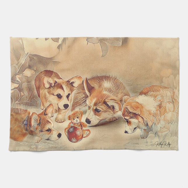 Pembroke Welsh Corgi Welppies Geschirrtuch (Horizontal)