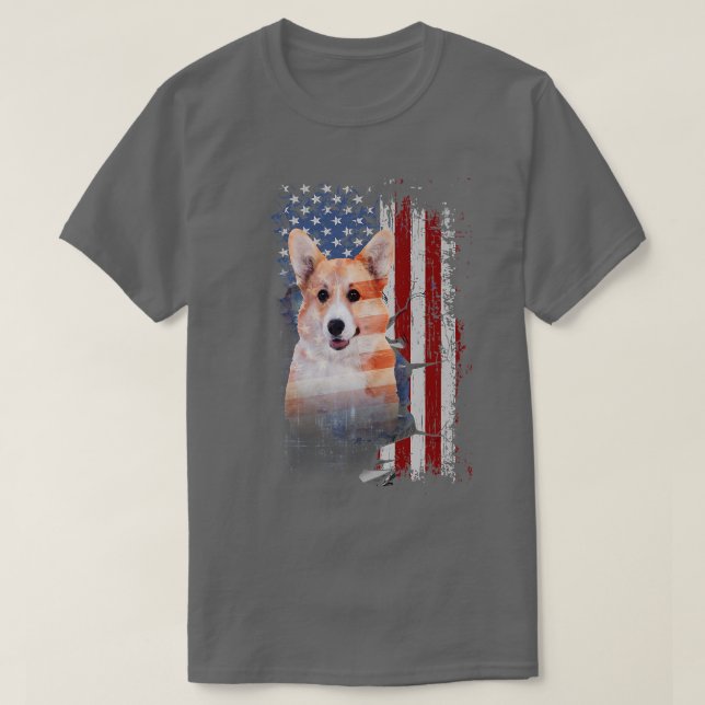Pembrooke Welsh Corgi Hund mit amerikanischer Flag T-Shirt (Design vorne)