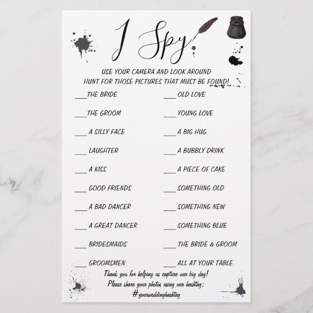 Pen & Inkwell | Wedding Reception I Spy Game Card Flyer (Vorne)