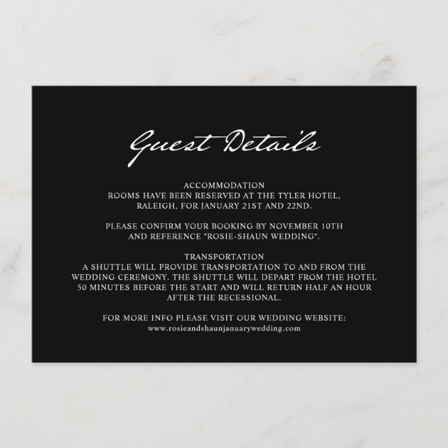 Pen Script Minimalistisch Black Wedding Guest Deta Begleitkarte (Vorderseite)