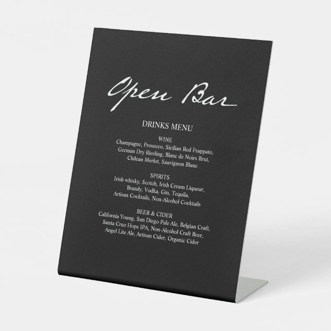 Pen Script Moderne Minimal Open Bar Black Wedding Sockelschild (Vorderseite)
