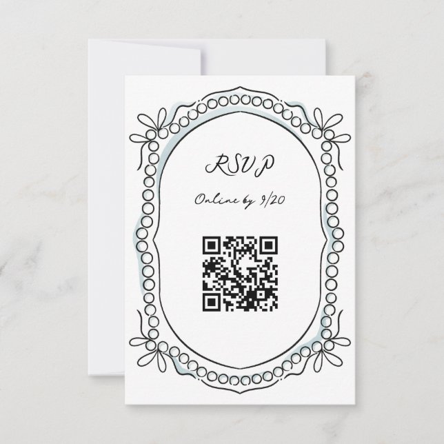 Pen und Tinte Ribbons und Perlen QR-Code RSVP Karte (Vorderseite)