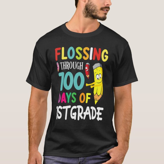 Pencil Student Senior Flossing Through 100 Days Of T-Shirt (Vorderseite)