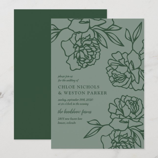 Penciled Peonies Modern Emerald Green Wedding Einladung (Vorne/Hinten)