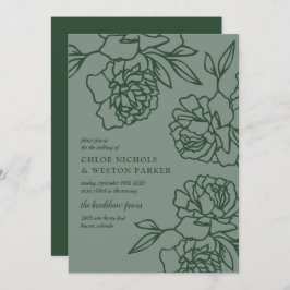 Penciled Peonies Modern Emerald Green Wedding Einladung