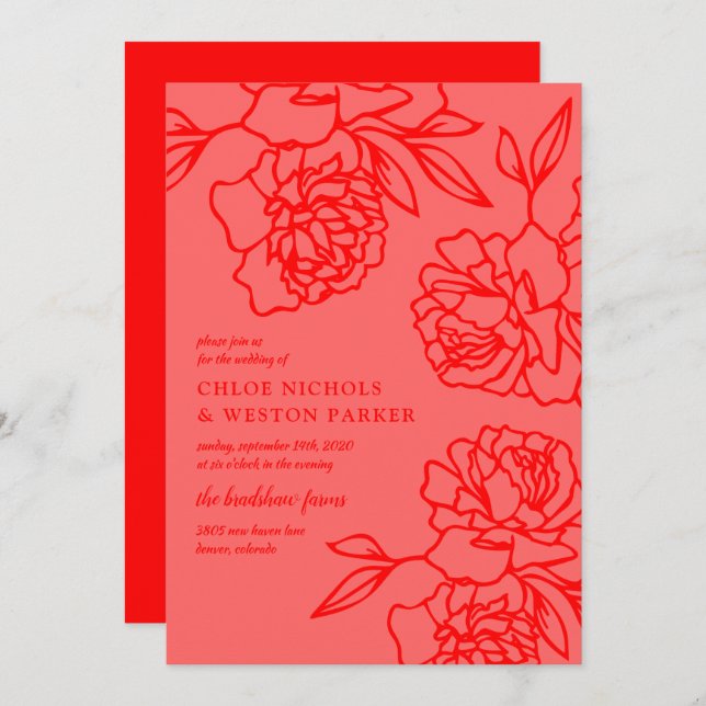 Penciled Peonies Modern Red Wedding Einladung (Vorne/Hinten)
