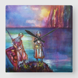 PENDRAGON Medieval Knights,Lake Sunset,Fantasy Quadratische Wanduhr
